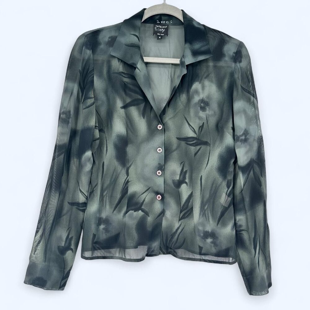 Vintage y2k Catalyst Sheer Sage Green Floral Button Up Blouse Size 4